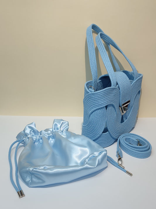 Bolsa Eva Infinity azul claro em corda de algodão artesanal com alça de ombro removível