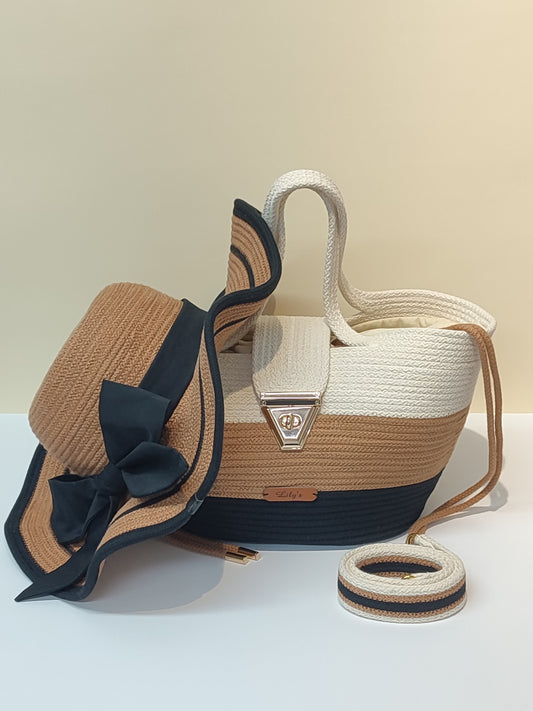 Carteira artesanal feminina com chapéu elegante feito à mão em cordão de algodão – conjunto de verão Lily’s Maison